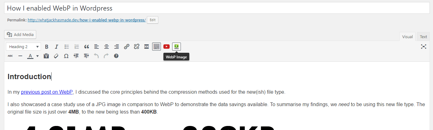 Screenshot of new TinyMCE editor for WordPress with a new button for including WebP images
